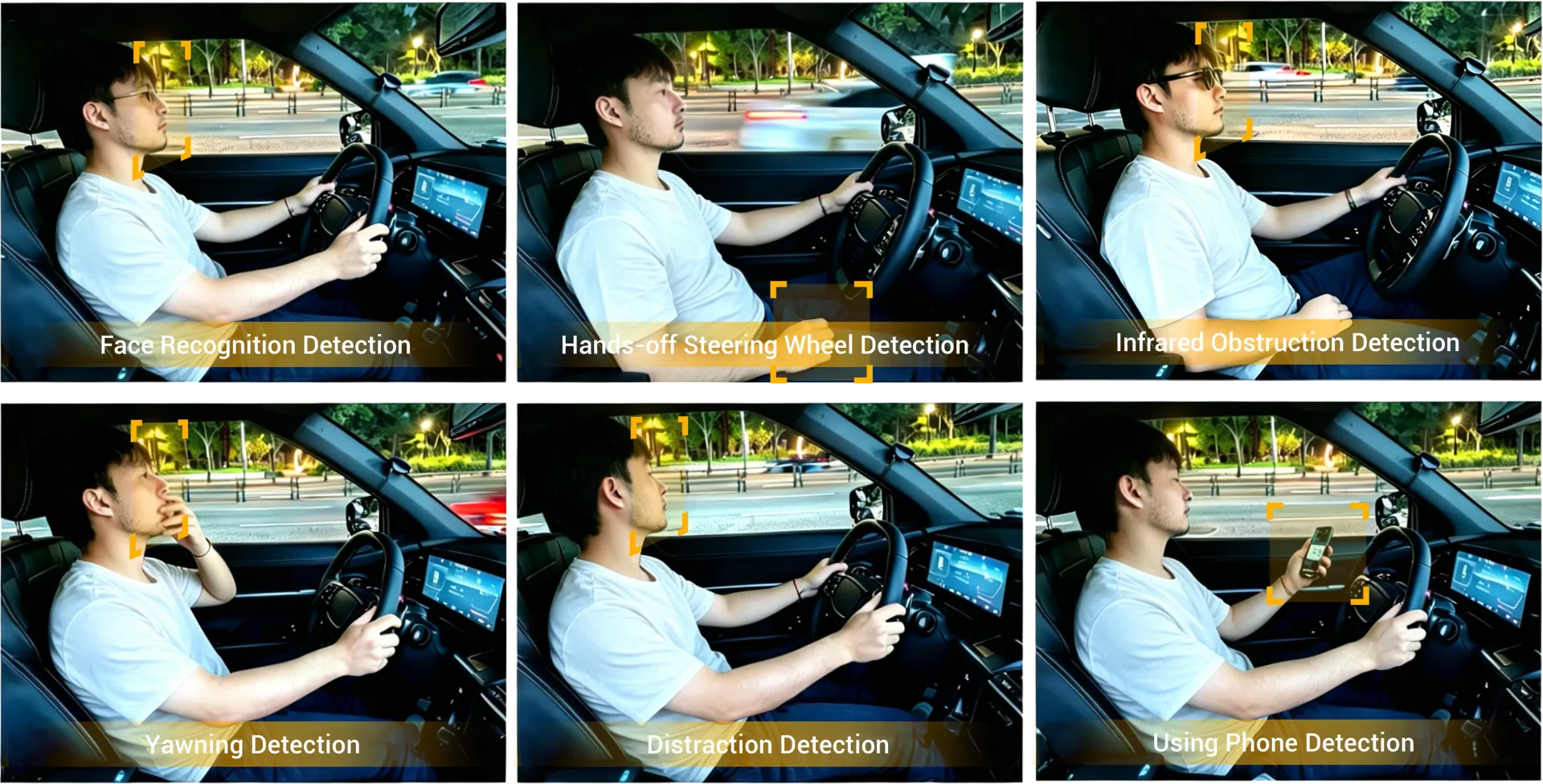 VT-DMS monitoring functions: face recognition, hands-off detection, IR blocking detection, yawning detection, distraction detection, phone use detection